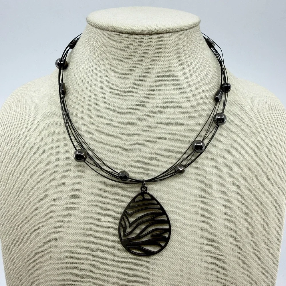 Gunmetal Zebra Teardrop Pendant Multi Strand Wire Necklace Statement Jewelry
